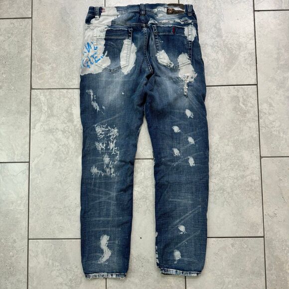 VTG Y2K Industrial Indigo Jeans 38x34 Tiger Rhinestone Distressed Art To Wear - Picture 4 of 7
